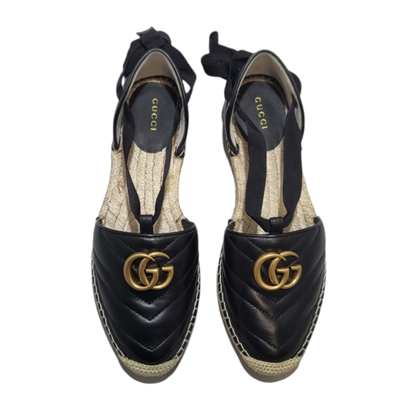 Gucci Espadrilles Flat Marmont Tie Up Ribbon Black Leather Authentic - Picture 1 of 16
